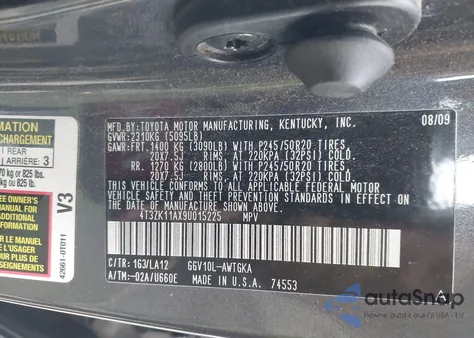 2009 Toyota Venza Base V6 z USA, uszkodzony, nr VIN 4T3ZK11AX9U015225